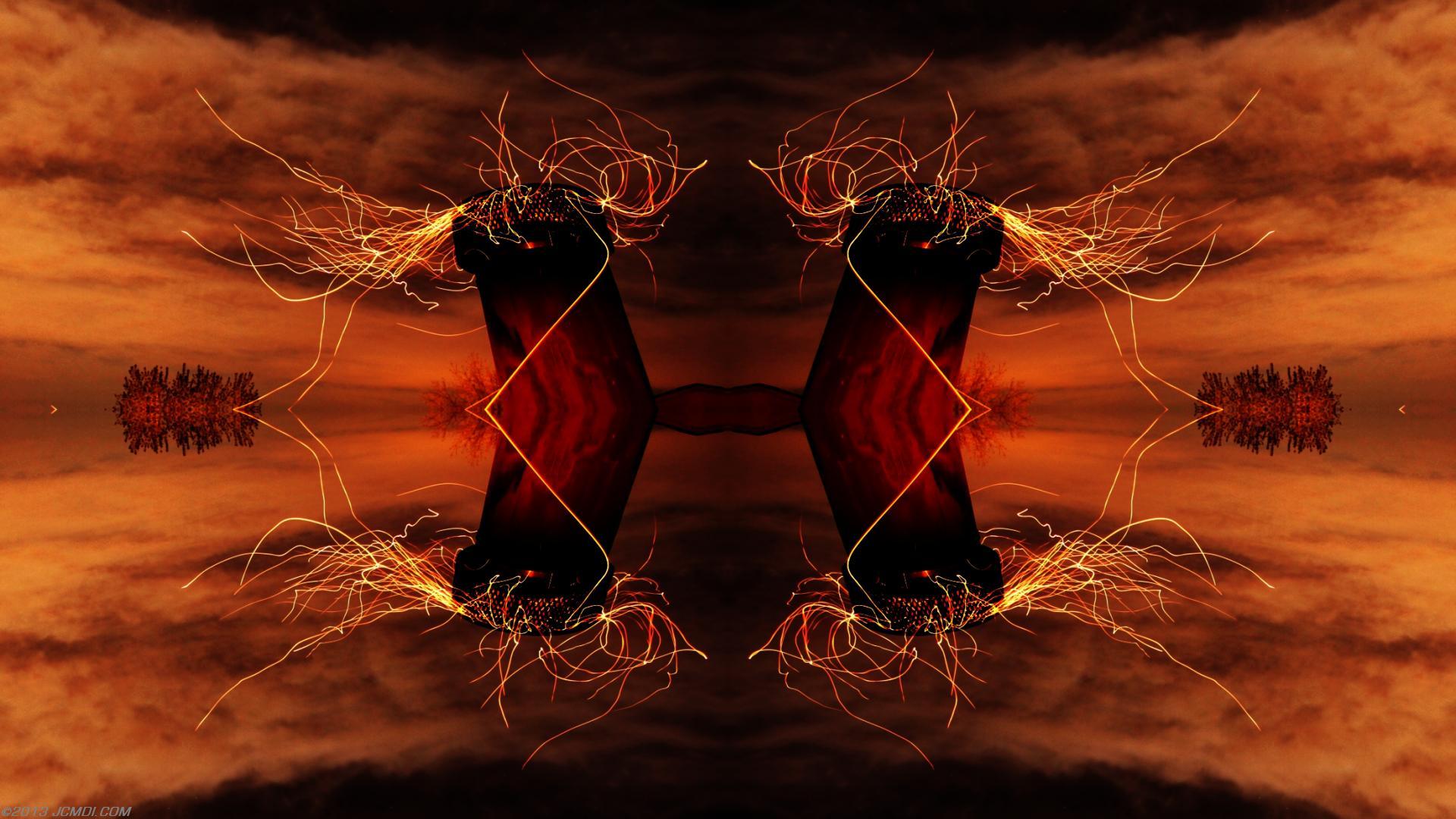 Quadroscopic composite trails: Zoomed 5D clouds moon chimney sparks and stars